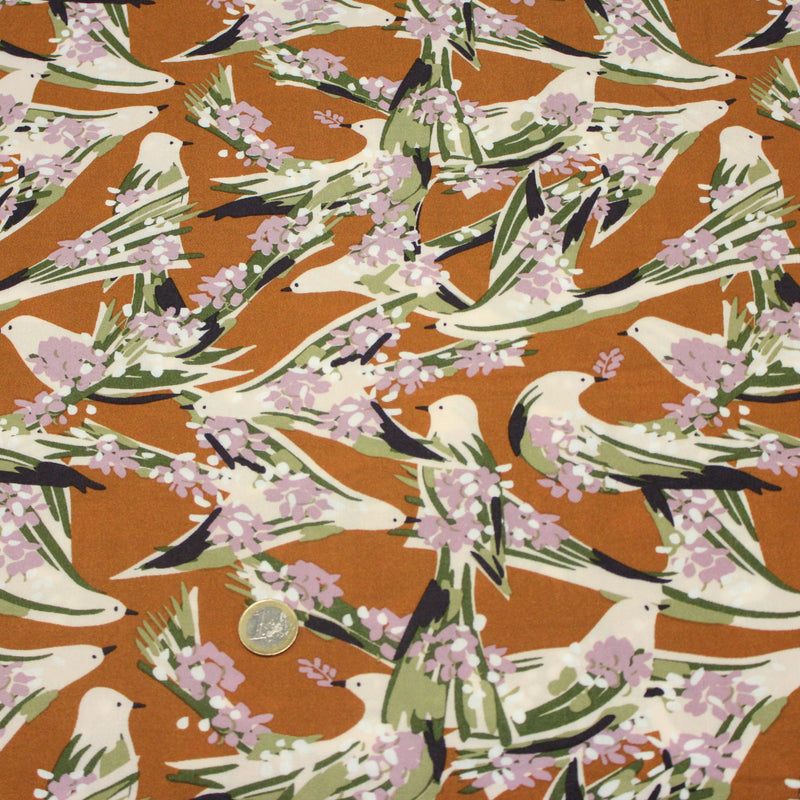 Tissu Viscose fluide OIZEA rouille aux oiseaux et fleurs parme - OEKO - TEX STANDARD 100 - TissusPapi.com