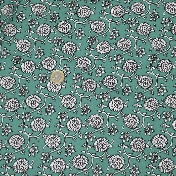 Tissu cotonnade motif fleuri indien vert menthe, noir et blanc - COLLECTION KALAMKARI