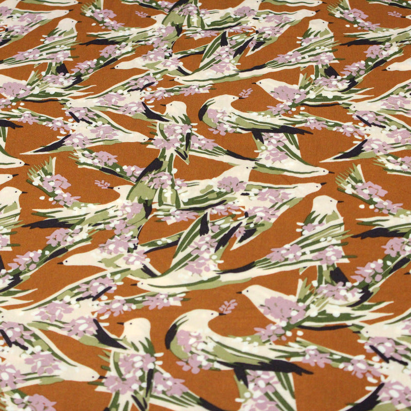 Tissu Viscose fluide OIZEA rouille aux oiseaux et fleurs parme - OEKO - TEX STANDARD 100 - TissusPapi.com