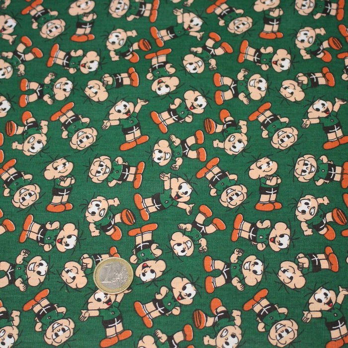 Tissu popeline coton vert au petit bonhomme, façon BD - TissusPapi.com