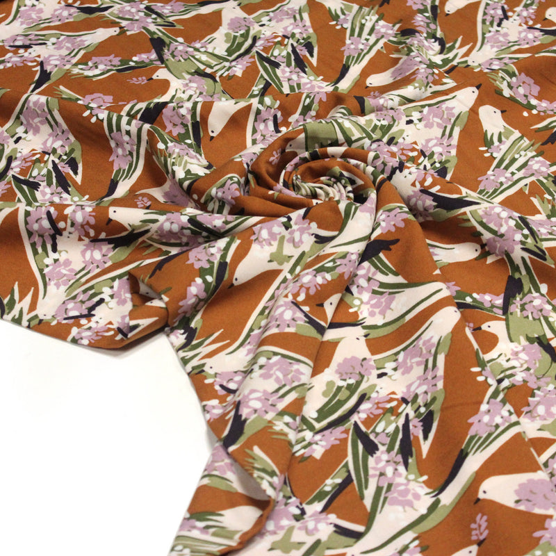 Tissu Viscose fluide OIZEA rouille aux oiseaux et fleurs parme - OEKO - TEX STANDARD 100 - TissusPapi.com