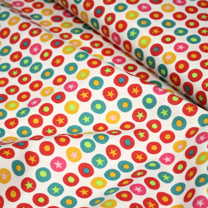 Tissu popeline coton blanc aux pois & étoiles multicolores - TissusPapi.com