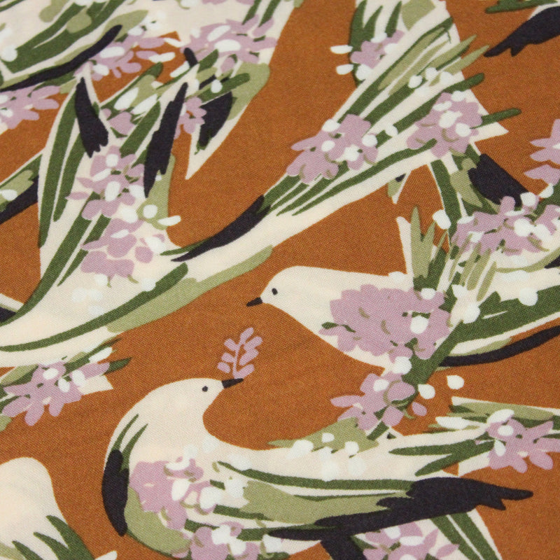 Tissu Viscose fluide OIZEA rouille aux oiseaux et fleurs parme - OEKO - TEX STANDARD 100 - TissusPapi.com