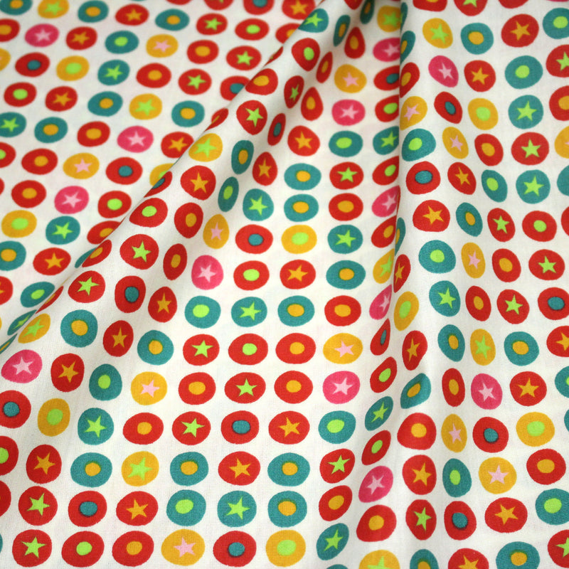 Tissu popeline coton blanc aux pois & étoiles multicolores - TissusPapi.com