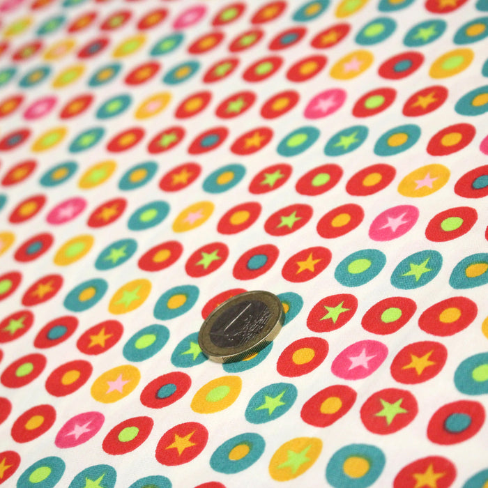 Tissu popeline coton blanc aux pois & étoiles multicolores - TissusPapi.com