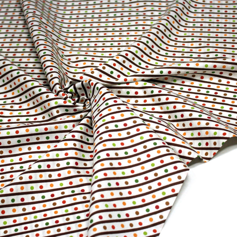 Tissu popeline coton blanc, rayures obliques et pois multicolores - TissusPapi.com