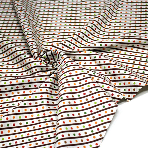 Tissu popeline coton blanc, rayures obliques et pois multicolores - TissusPapi.com