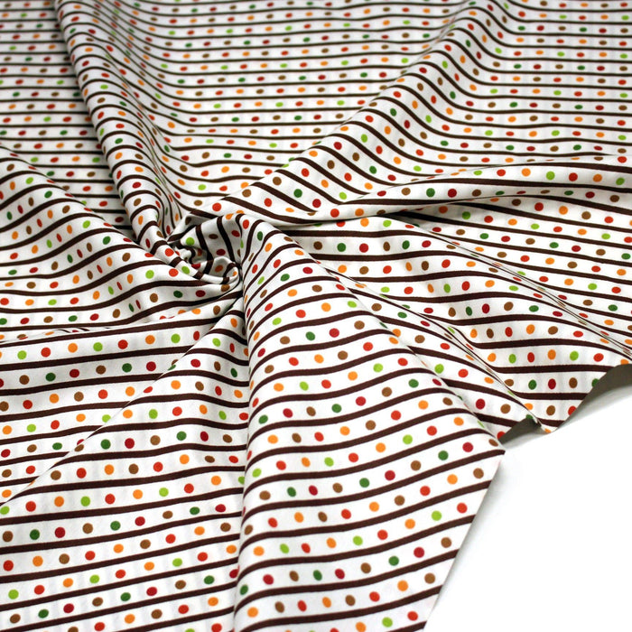 Tissu popeline coton blanc, rayures obliques et pois multicolores - TissusPapi.com
