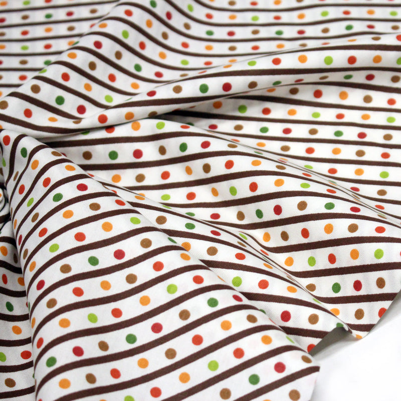 Tissu popeline coton blanc, rayures obliques et pois multicolores - TissusPapi.com