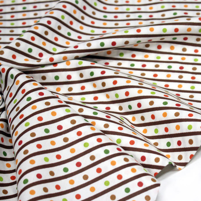 Tissu popeline coton blanc, rayures obliques et pois multicolores - TissusPapi.com