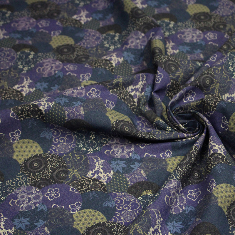 Tissu cotonnade imprimée MARU TO MOYO, cercles de motifs japonais faux - uni bleu indigo - OEKO - TEX - TissusPapi.com