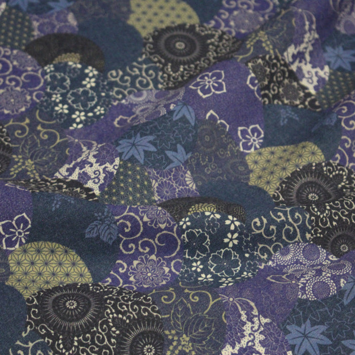 Tissu cotonnade imprimée MARU TO MOYO, cercles de motifs japonais faux-uni bleu indigo - OEKO-TEX