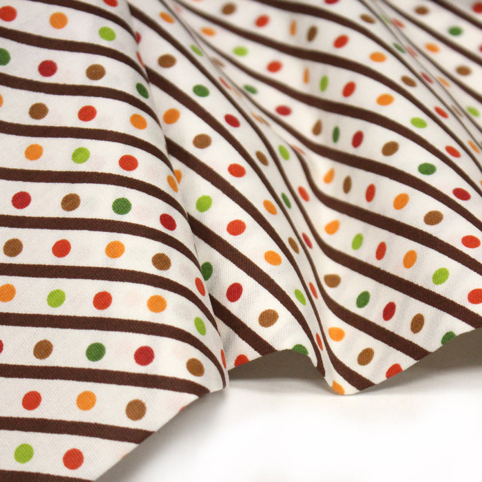 Tissu popeline coton blanc, rayures obliques et pois multicolores - TissusPapi.com
