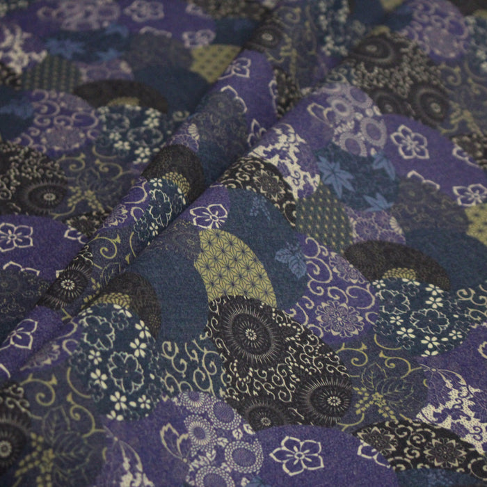 Tissu cotonnade imprimée MARU TO MOYO, cercles de motifs japonais faux-uni bleu indigo - OEKO-TEX