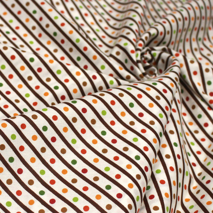 Tissu popeline coton blanc, rayures obliques et pois multicolores - TissusPapi.com