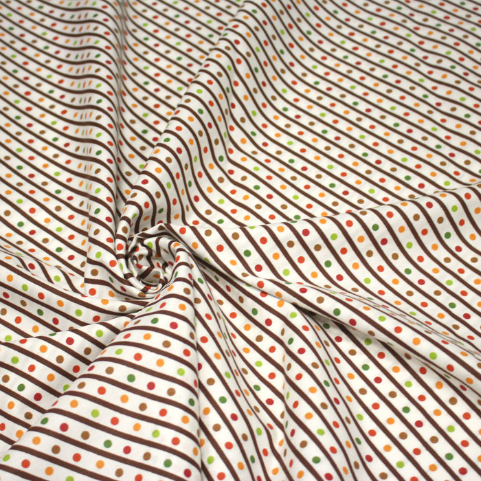 Tissu popeline coton blanc, rayures obliques et pois multicolores - TissusPapi.com