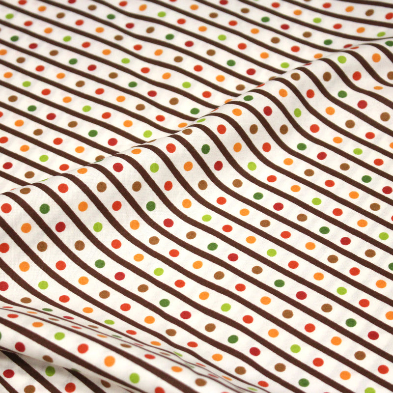 Tissu popeline coton blanc, rayures obliques et pois multicolores - TissusPapi.com
