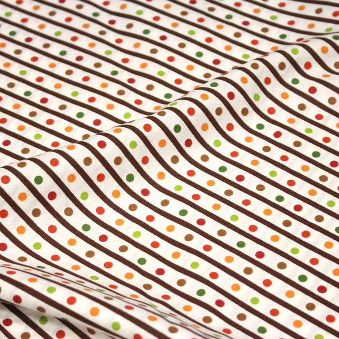 Tissu popeline coton blanc, rayures obliques et pois multicolores - TissusPapi.com