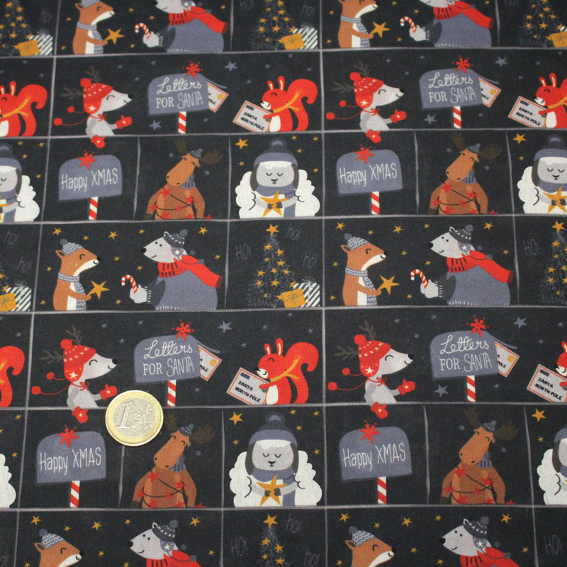 Tissu coton NOËL noir aux renards, ours et écureuils - OEKO - TEX - TissusPapi.com