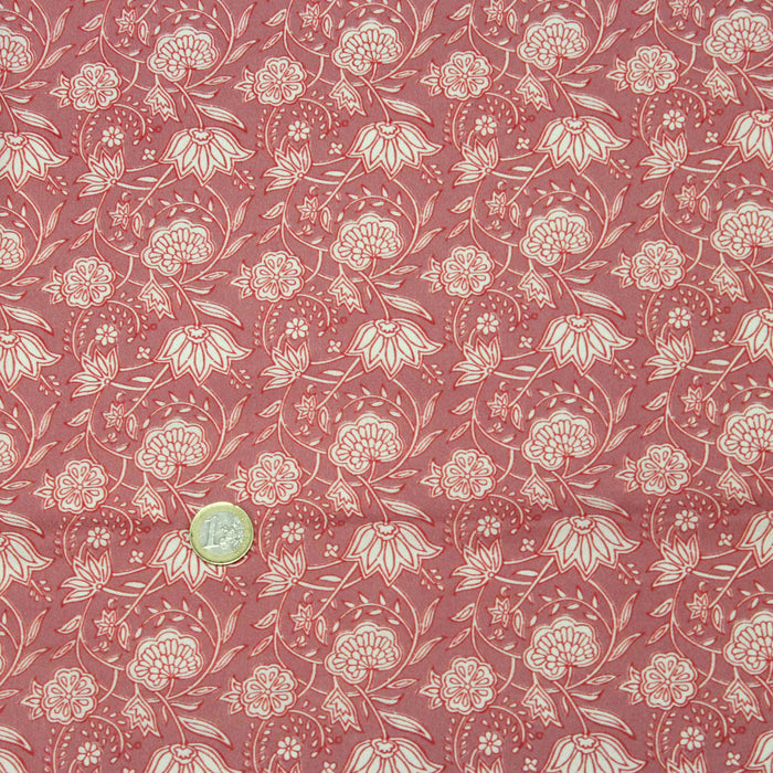 Tissu cotonnade motif fleuri indien rouge et blanc, fond rose - COLLECTION KALAMKARI