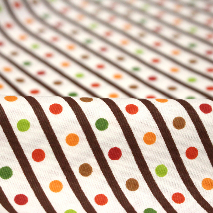 Tissu popeline coton blanc, rayures obliques et pois multicolores - TissusPapi.com