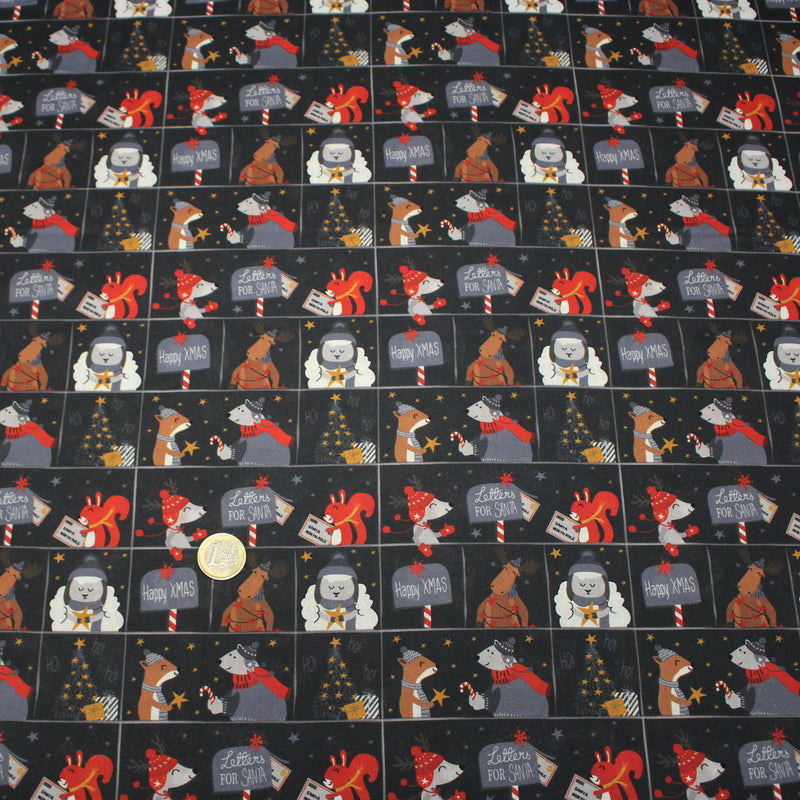 Tissu coton NOËL noir aux renards, ours et écureuils - OEKO - TEX - TissusPapi.com