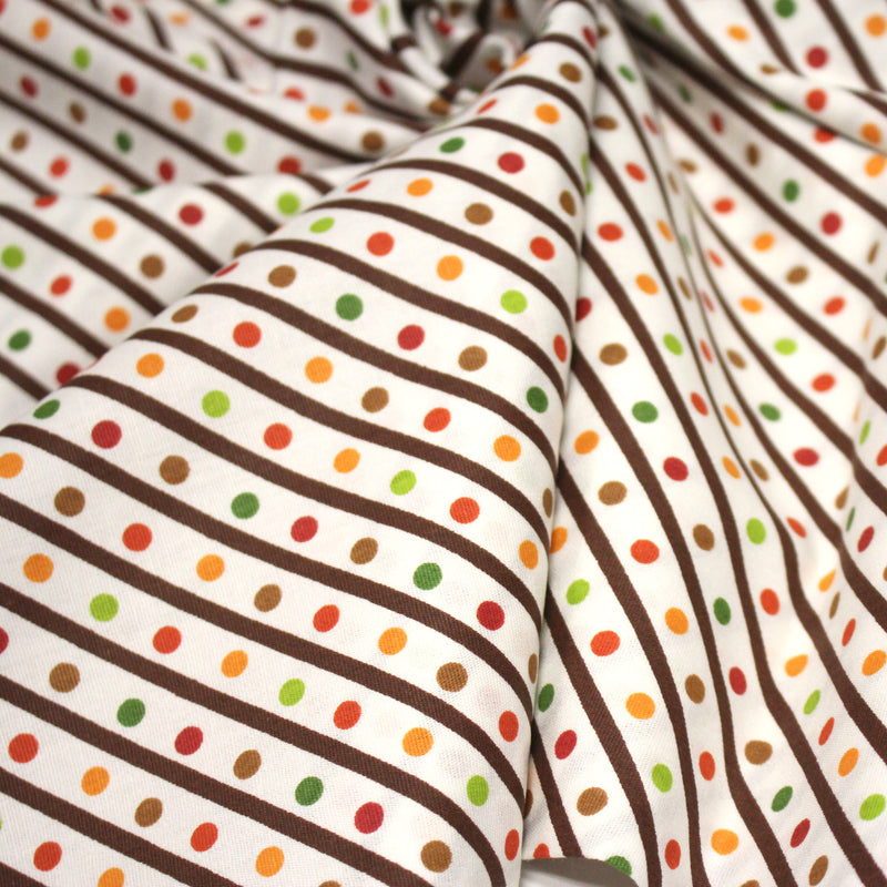 Tissu popeline coton blanc, rayures obliques et pois multicolores - TissusPapi.com