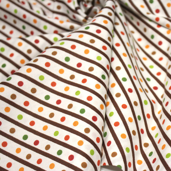 Tissu popeline coton blanc, rayures obliques et pois multicolores - TissusPapi.com