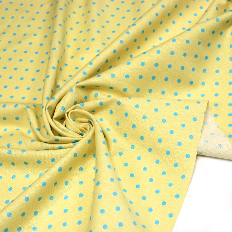 Tissu coton demi natté jaune aux pois bleu turquoise 5mm - MADE IN JAPAN - FABRICATION JAPONAISE
