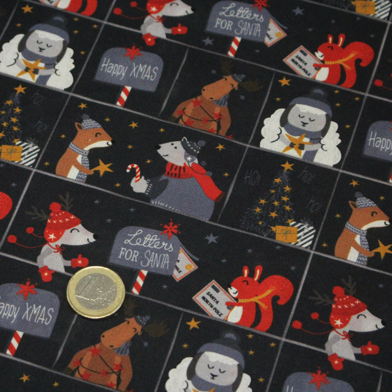 Tissu coton NOËL noir aux renards, ours et écureuils - OEKO - TEX - TissusPapi.com