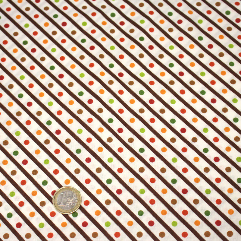 Tissu popeline coton blanc, rayures obliques et pois multicolores - TissusPapi.com