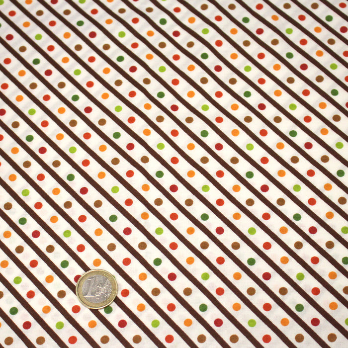 Tissu popeline coton blanc, rayures obliques et pois multicolores - TissusPapi.com