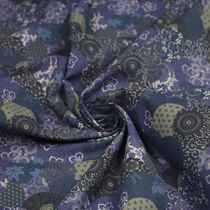Tissu cotonnade imprimée MARU TO MOYO, cercles de motifs japonais faux-uni bleu indigo - OEKO-TEX