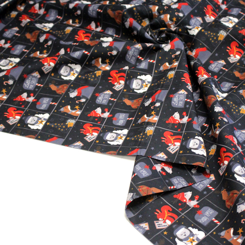 Tissu coton NOËL noir aux renards, ours et écureuils - OEKO - TEX - TissusPapi.com