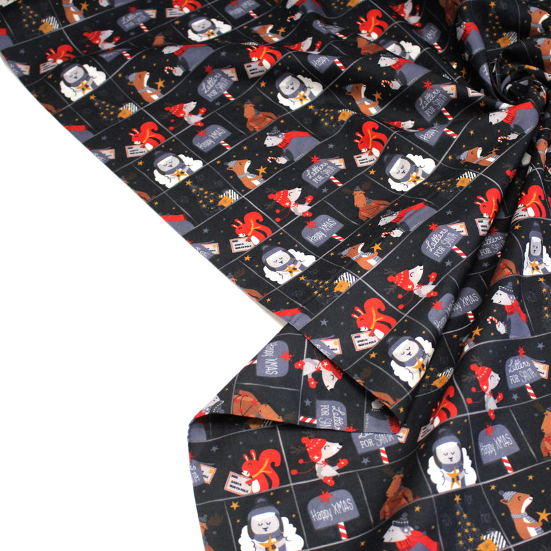 Tissu coton NOËL noir aux renards, ours et écureuils - OEKO - TEX - TissusPapi.com