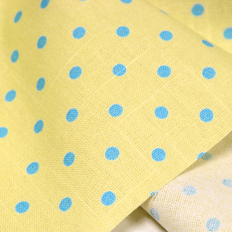 Tissu coton demi natté jaune aux pois bleu turquoise 5mm - MADE IN JAPAN - FABRICATION JAPONAISE