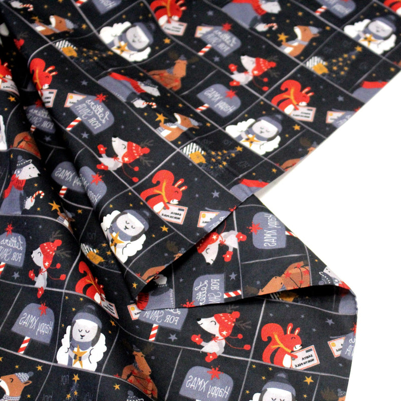 Tissu coton NOËL noir aux renards, ours et écureuils - OEKO - TEX - TissusPapi.com