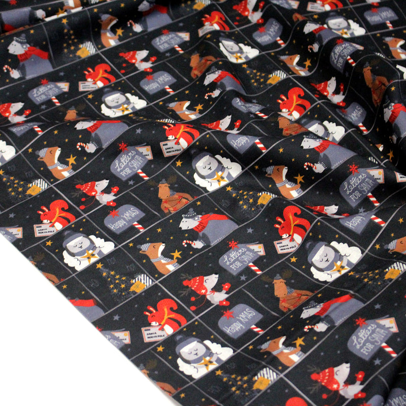 Tissu coton NOËL noir aux renards, ours et écureuils - OEKO - TEX - TissusPapi.com