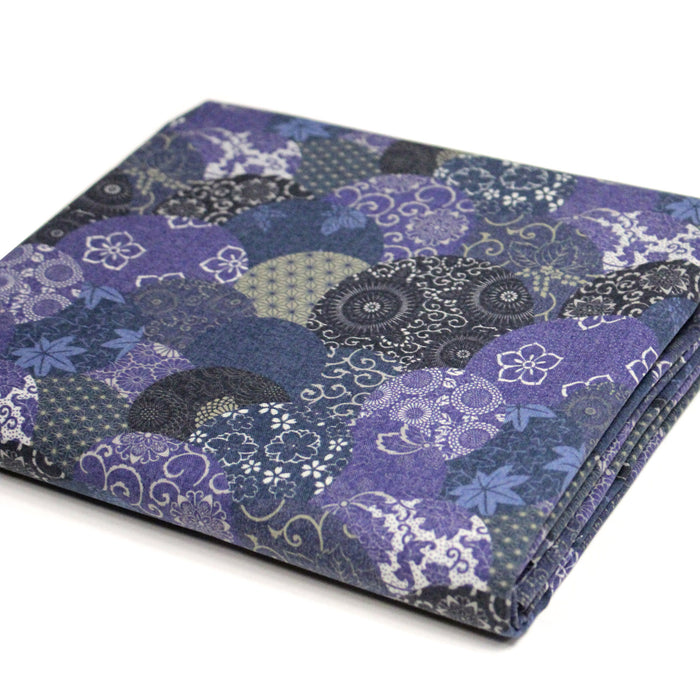 Tissu cotonnade imprimée MARU TO MOYO, cercles de motifs japonais faux-uni bleu indigo - OEKO-TEX