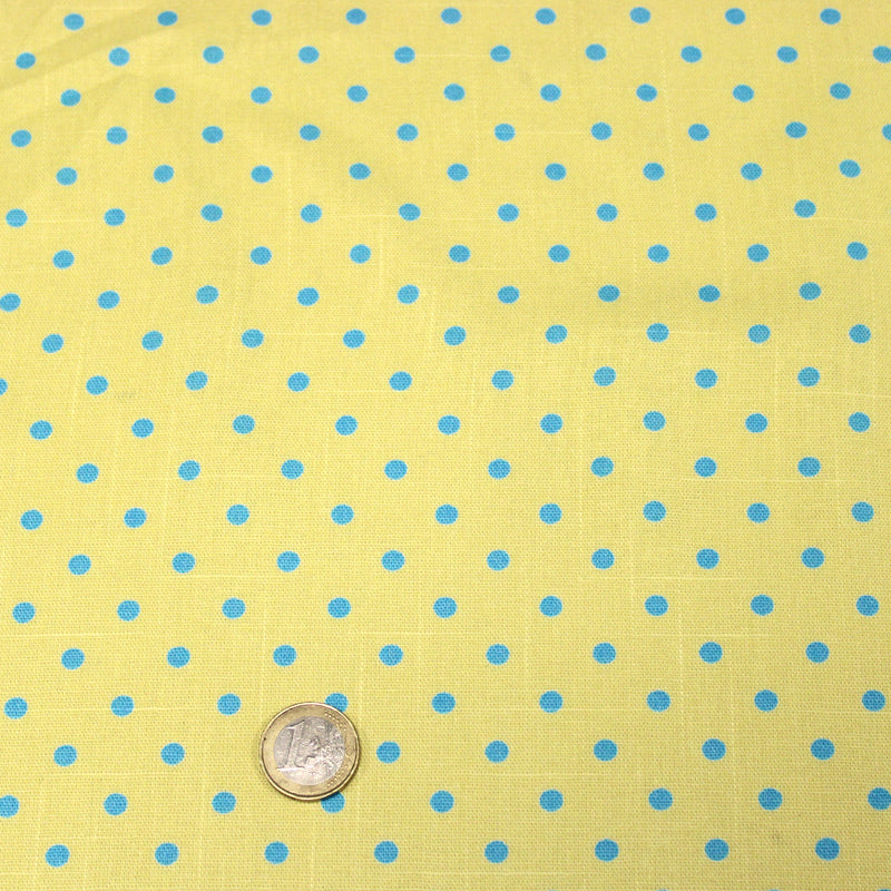 Tissu coton demi natté jaune aux pois bleu turquoise 5mm - MADE IN JAPAN - FABRICATION JAPONAISE