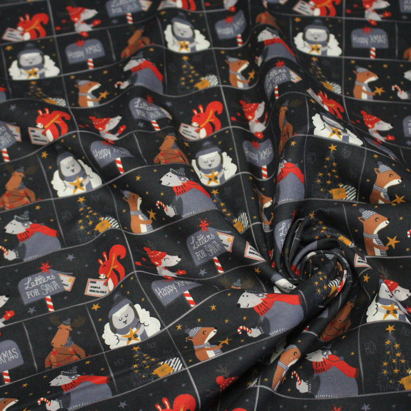 Tissu coton NOËL noir aux renards, ours et écureuils - OEKO - TEX - TissusPapi.com