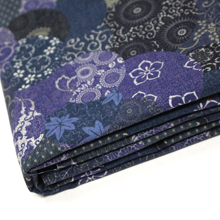 Tissu cotonnade imprimée MARU TO MOYO, cercles de motifs japonais faux-uni bleu indigo - OEKO-TEX