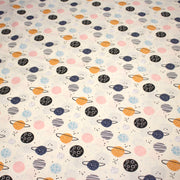 Tissu popeline coton LES PLANETES bleues, roses, oranges, fond écru - TissusPapi.com