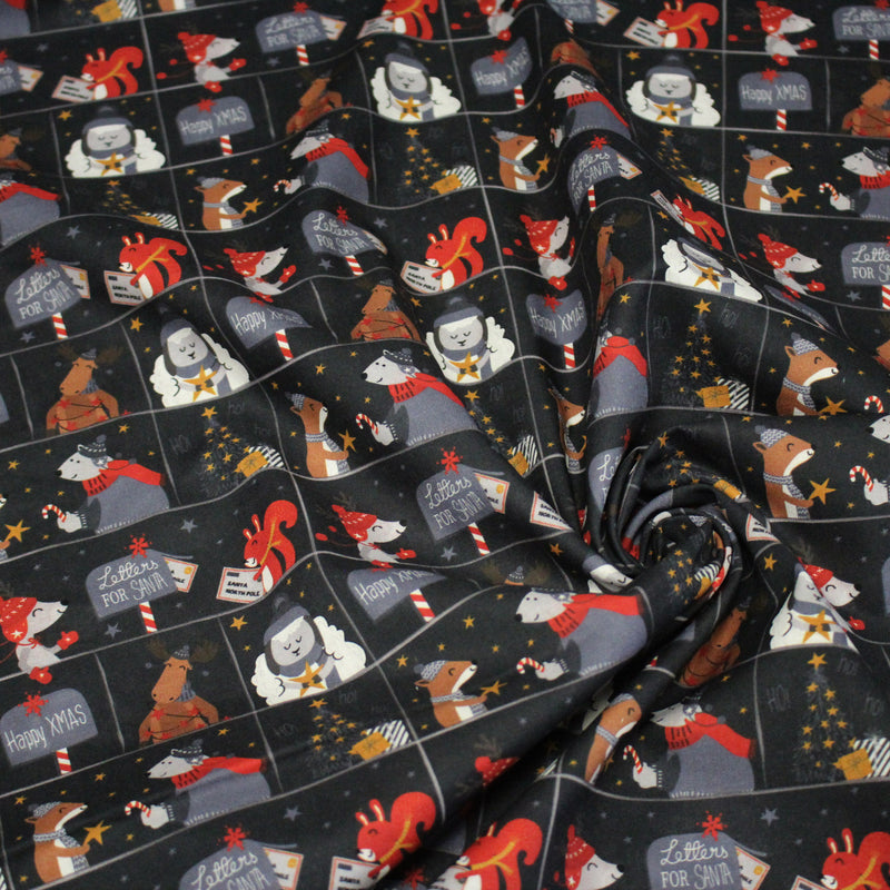 Tissu coton NOËL noir aux renards, ours et écureuils - OEKO - TEX - TissusPapi.com