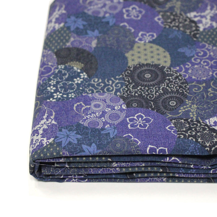 Tissu cotonnade imprimée MARU TO MOYO, cercles de motifs japonais faux-uni bleu indigo - OEKO-TEX
