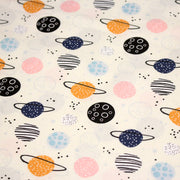 Tissu popeline coton LES PLANETES bleues, roses, oranges, fond écru - TissusPapi.com