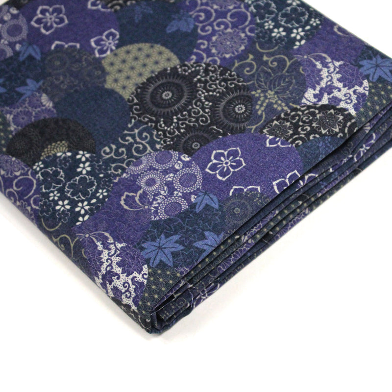 Tissu cotonnade imprimée MARU TO MOYO, cercles de motifs japonais faux - uni bleu indigo - OEKO - TEX - TissusPapi.com