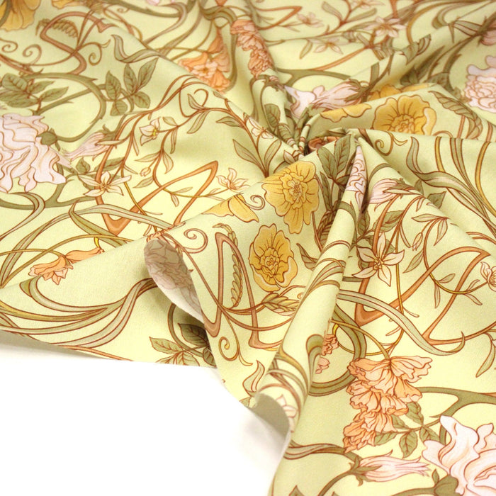Tissu cotonnade VICTOR au feuillage ART NOUVEAU multicolore, fond vert anis - OEKO - TEX STANDARD 100 - TissusPapi.com