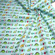 Tissu popeline coton DINO ROAR, bleu aux motifs dinosaures multicolores - TissusPapi.com