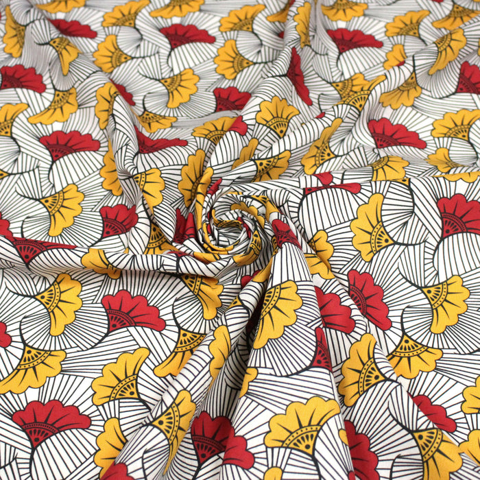 Tissu cotonnade motif WAX floral, fleurs rouges et jaunes - OEKO-TEX STANDARD 100